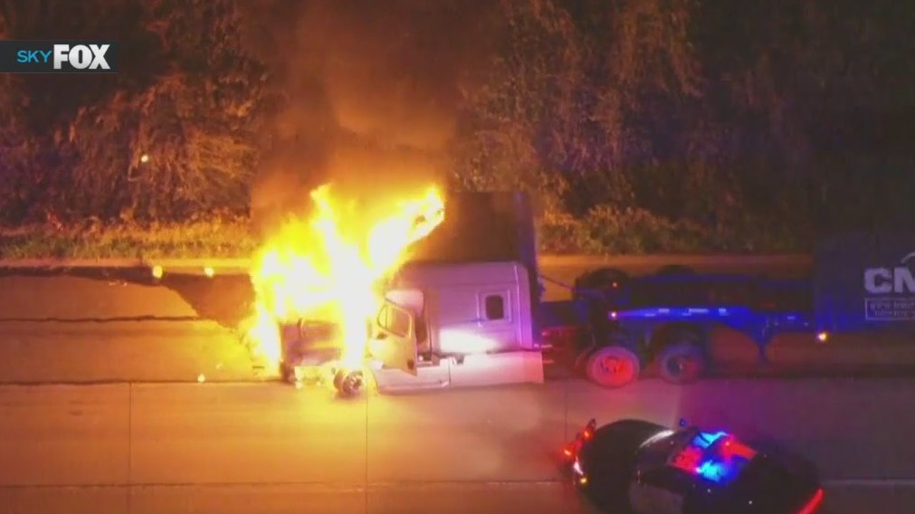 Stolen big rig bursts into flames mid-pursuit