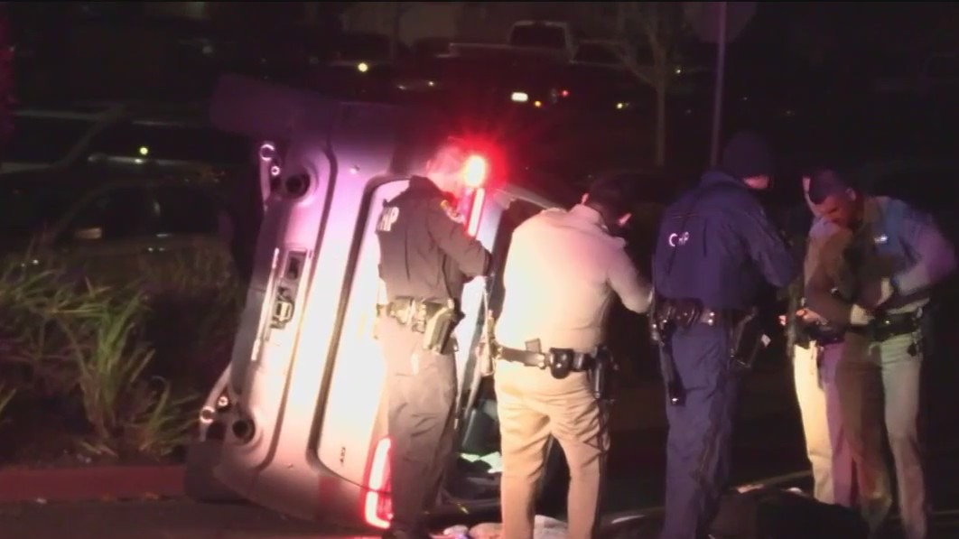 CHP police chase ends in overturned car, 5 arrests