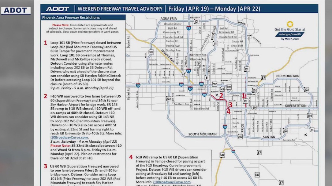 Phoenix weekend freeway closures (April 19-22)
