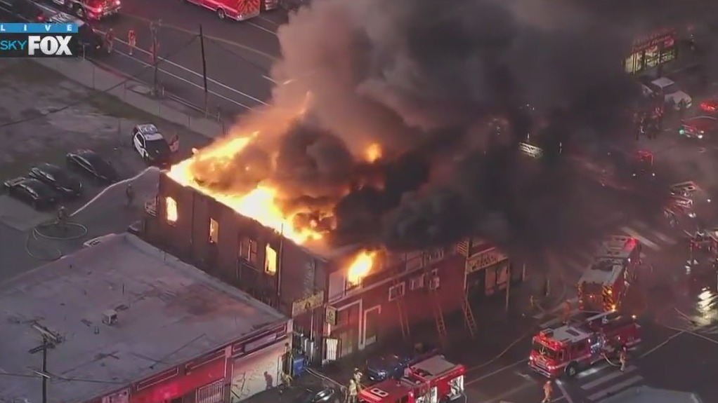 Apartment building in LA's Westlake building completely up in flames