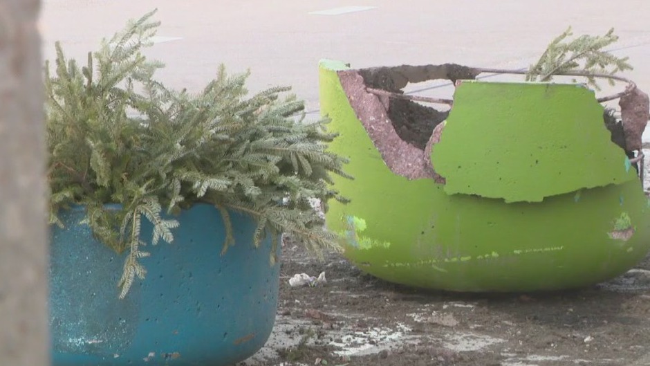 Bike lane planters destroyed on east side
