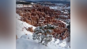 Snow turns red rocks white in Utah's Bryce Canyon