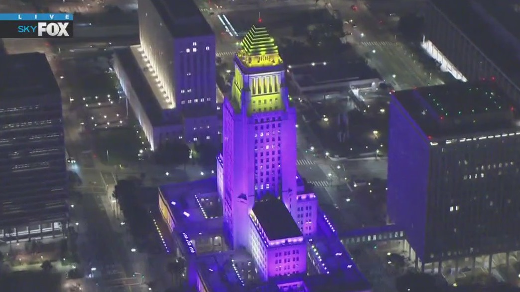 LA City Hall lit up in purple, gold in honor of LeBron