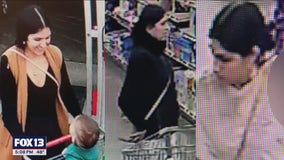 Makeup thieves caught on camera with baby in nearby shopping cart