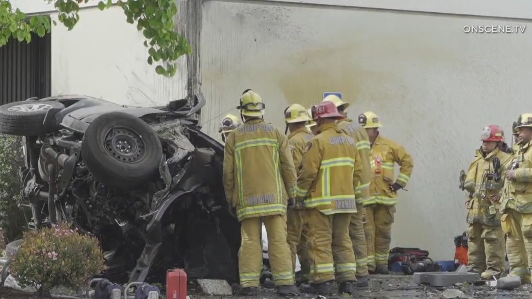 1 killed after car crashes into Compton building`