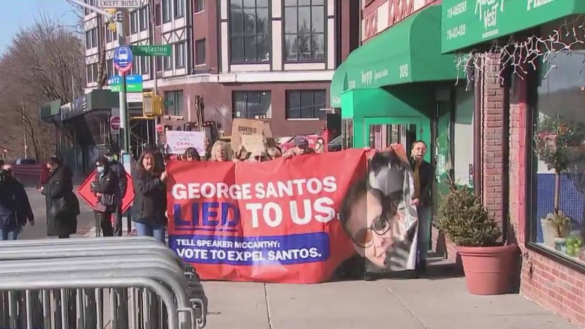 Protest held outside office of George Santos