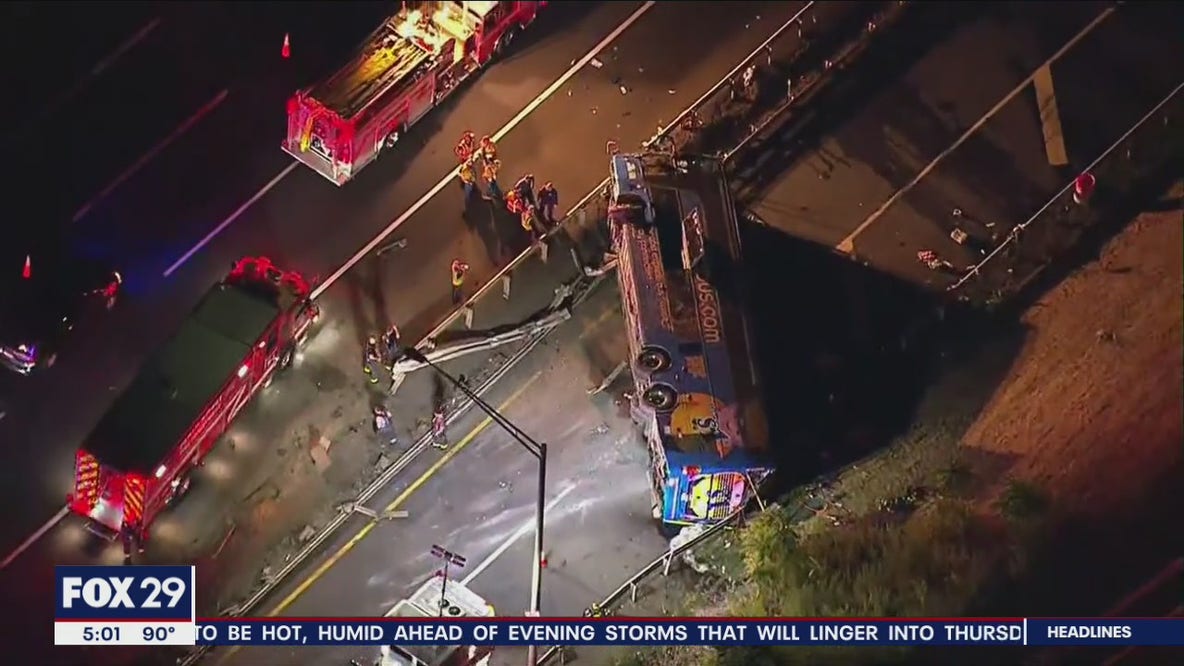 NJ Turnpike crash: 2 killed, 3 others seriously injured after Megabus traveling to Philadelphia overturns