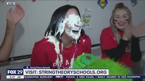 Students get to pie their teachers in the face during Phillies trivia game