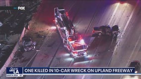 1 killed, 6 injured in Upland 10-car crash