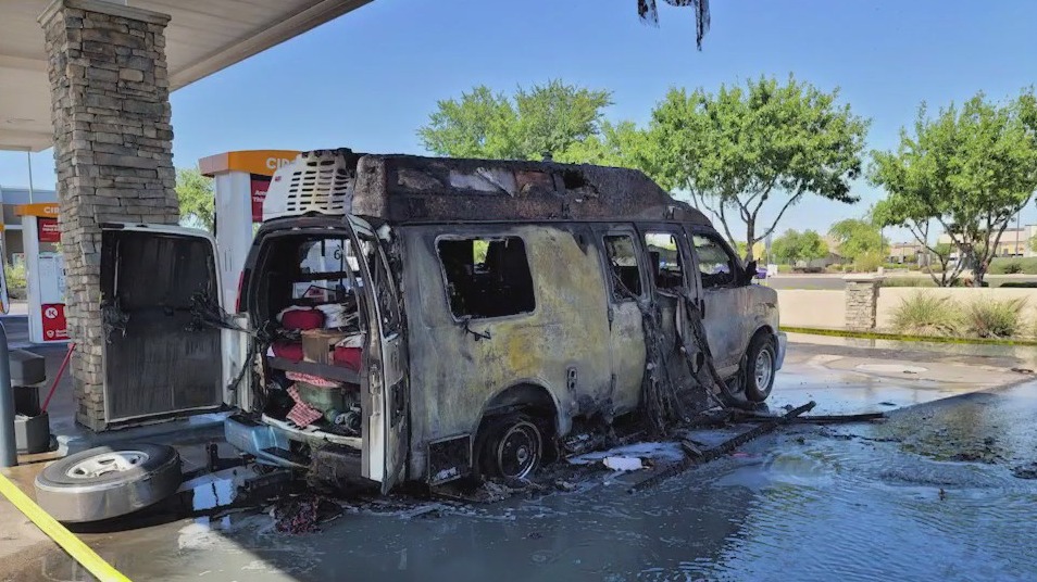 Van destroyed in fire at Mesa gas station