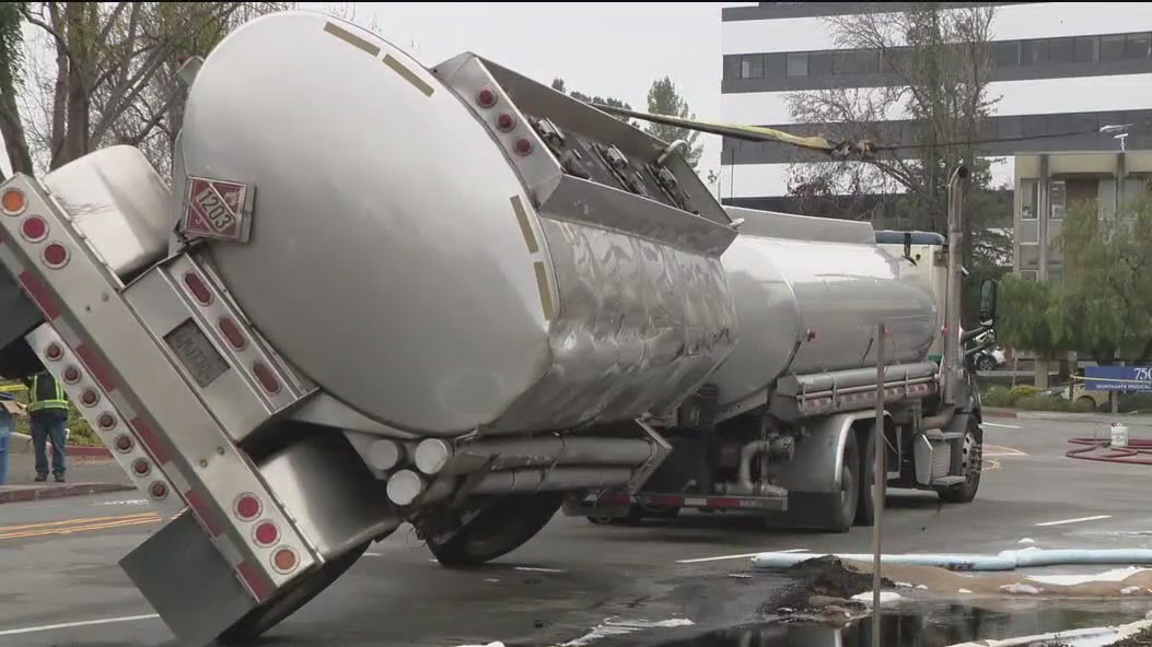 Fuel tanker overturns in San Rafael, fiery disaster avoided