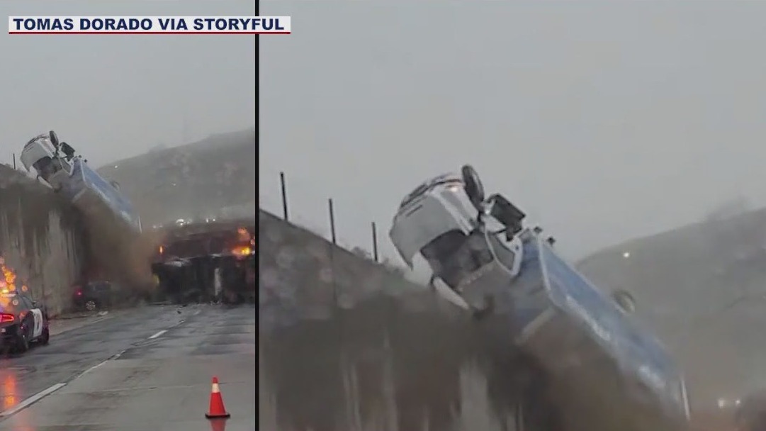 Truck tumbles off California freeway overpass