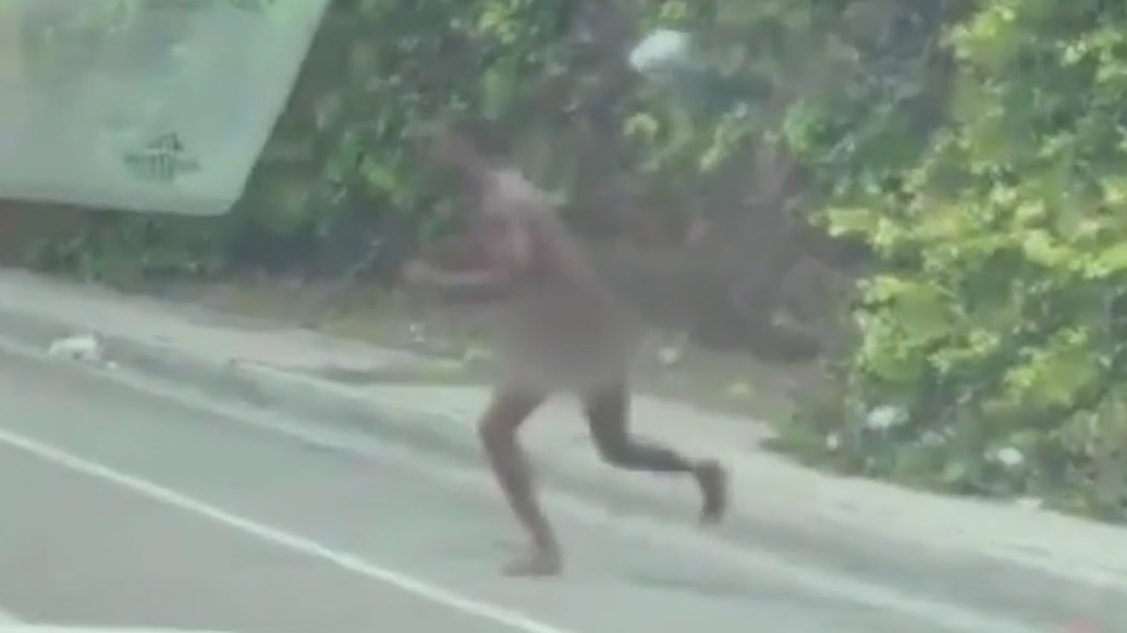 Naked man runs through traffic
