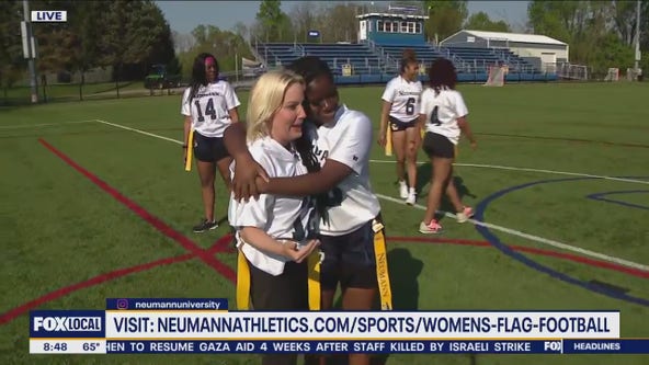Jenn Fred plays flag football with Neumann University's women's flag football team
