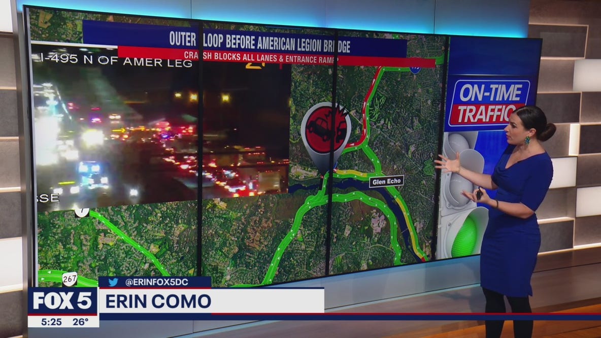Crash closes lanes of I-495 along outer loop of American Legion Bridge