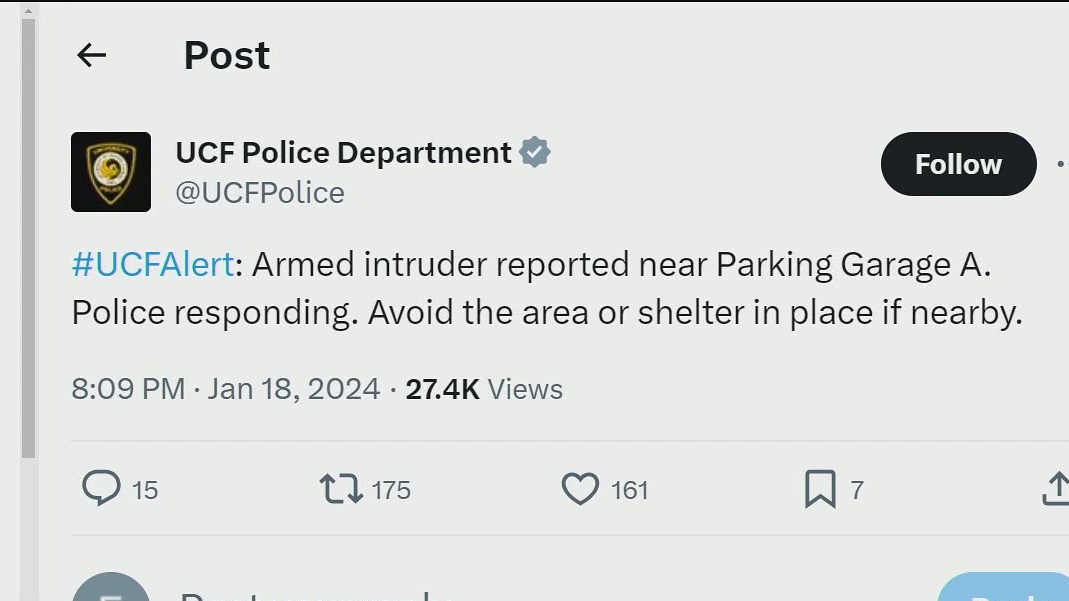 UCF Police: 'Armed intruder' reported on campus