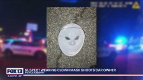 Suspect wearing clown mask shoots car owner