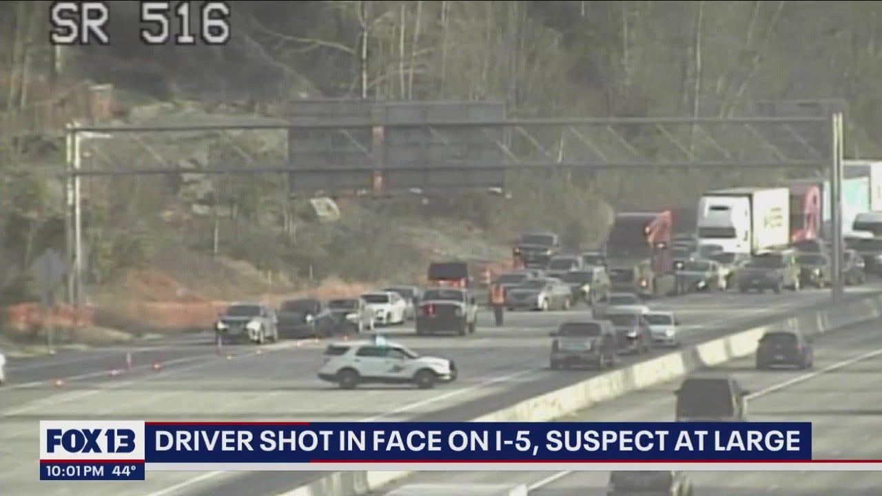 Driver shot in the face on I-5 in Kent; troopers search for suspect