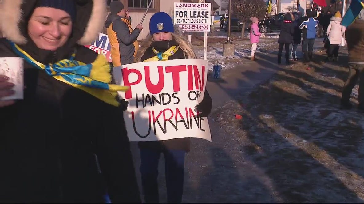 Ukraine rally on Hall Rd, voicing disgust over Russia's attack