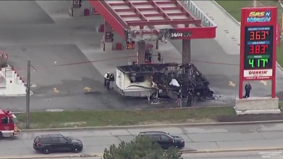 RV destroyed by fire at Stickney gas station