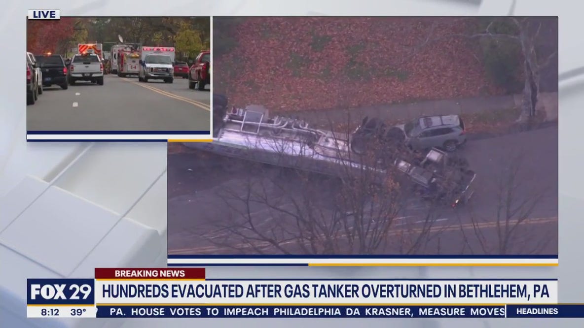 Hundreds of residents evacuated after gas tanker overturns in Bethlehem, Pa.