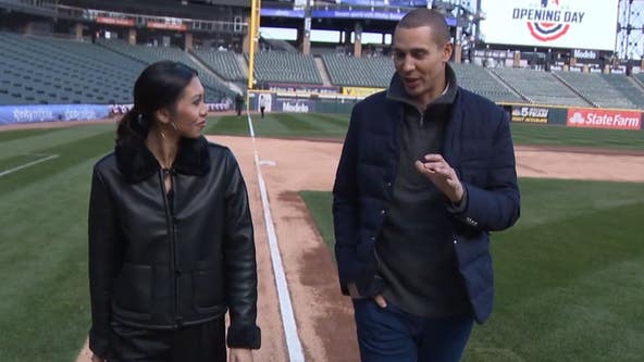 FOX 32's Tina Nguyen walks the bases with White Sox play-by-play announcer John Schriffen