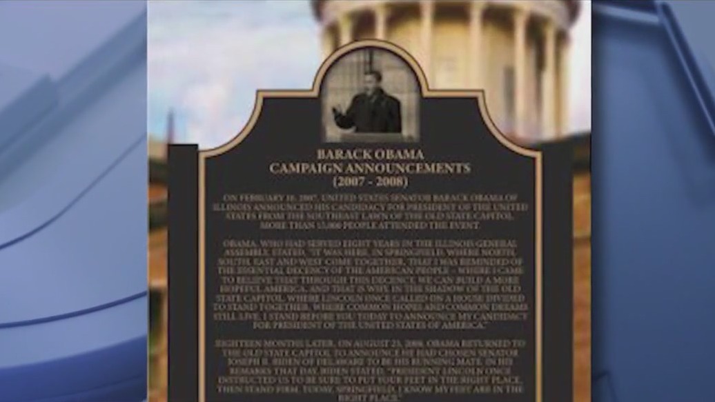 Historical marker outside Old State Capitol building commemorates Obama's presidential announcement