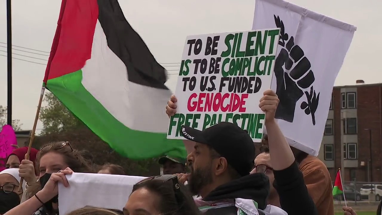 Pro-Palestinian groups demonstrate during VP Harris' visit