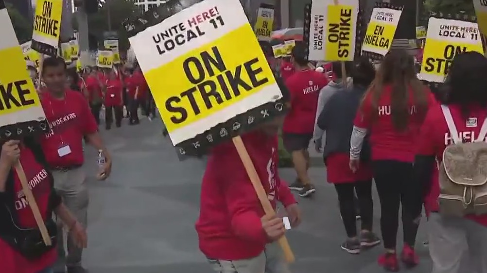 Hotel workers in DTLA march for higher pay and more