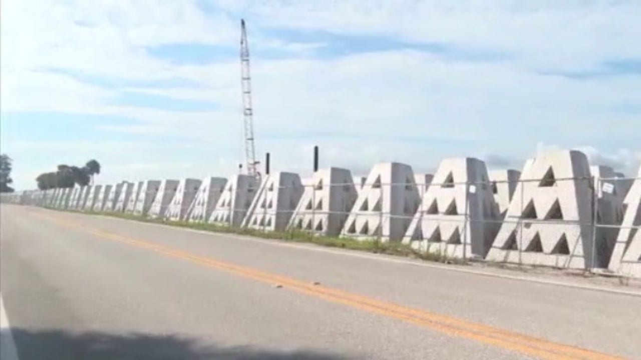 Triangular structures near Skyway Fishing Pier serving as a barrier ...