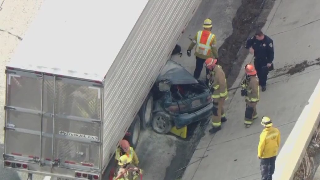 Car crushed by truck on Azusa freeway FOX 11 Los Angeles