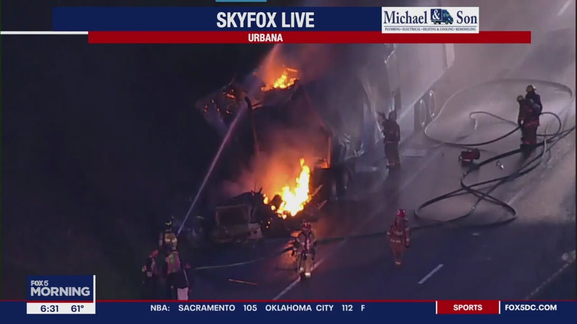 Tractor trailer fire on I-270 in Urbana fills sky with smoke, flames