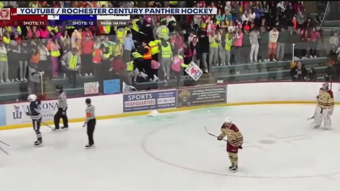 Glass shatters at a MN high school hockey game