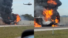 Small jet crash lands on I-75 in Florida, hitting car before bursting into flames