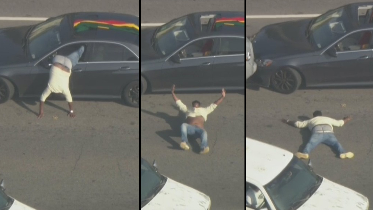 Suspect struggles to surrender, somersaults out of pursuit vehicle
