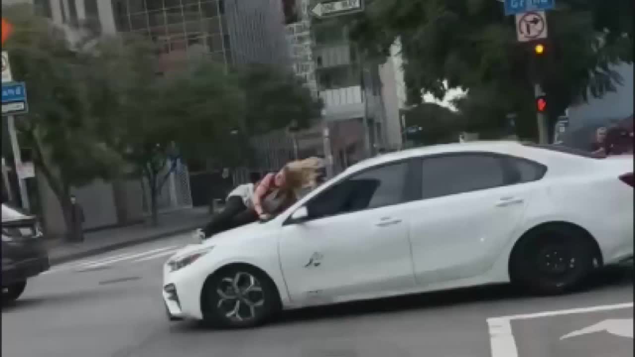 Video: Woman clings to dognappers' car