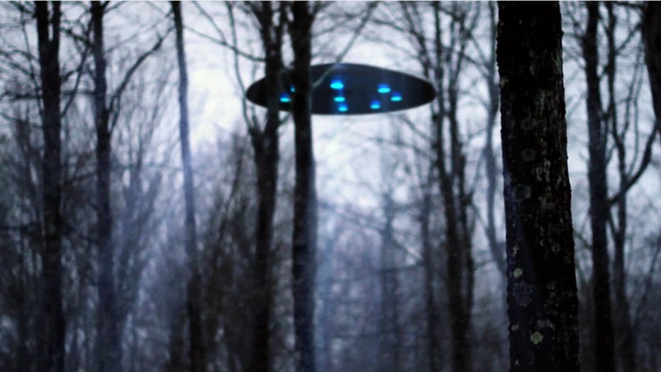 A UFO flies over the woods.