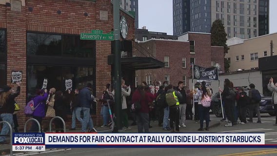 Baristas rally outside University District Starbucks