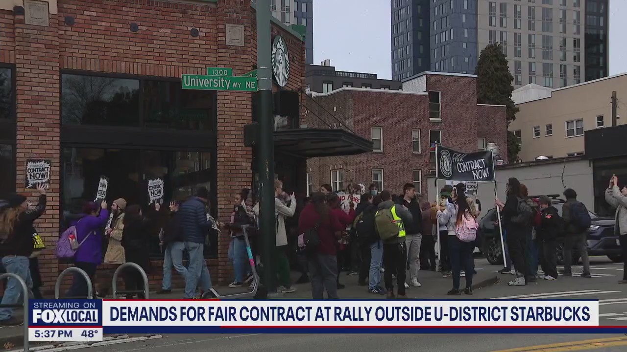 Baristas rally outside University District Starbucks