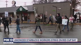Unionized Starbucks workers strike on Red Cup Day