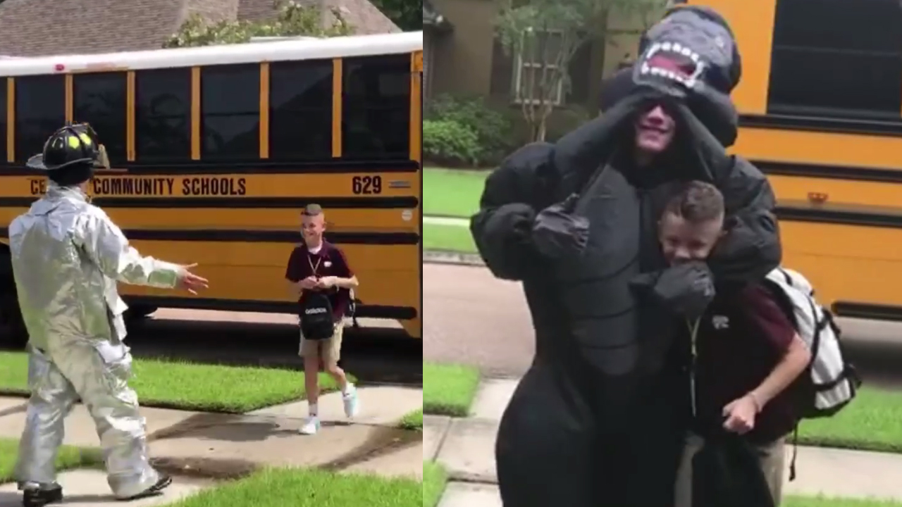 Teen greets little brother at bus stop dressed in hilarious costumes