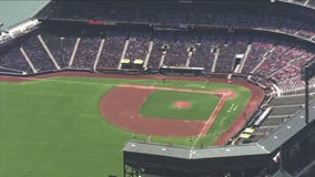 SkyFOX flies over Oracle Park in San Francisco following Wednesday night's strike that forced the postponement of the Giants-Dodgers game