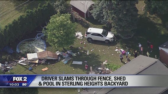 Driver slams through fence, shed and pool in Sterling Heights backyard