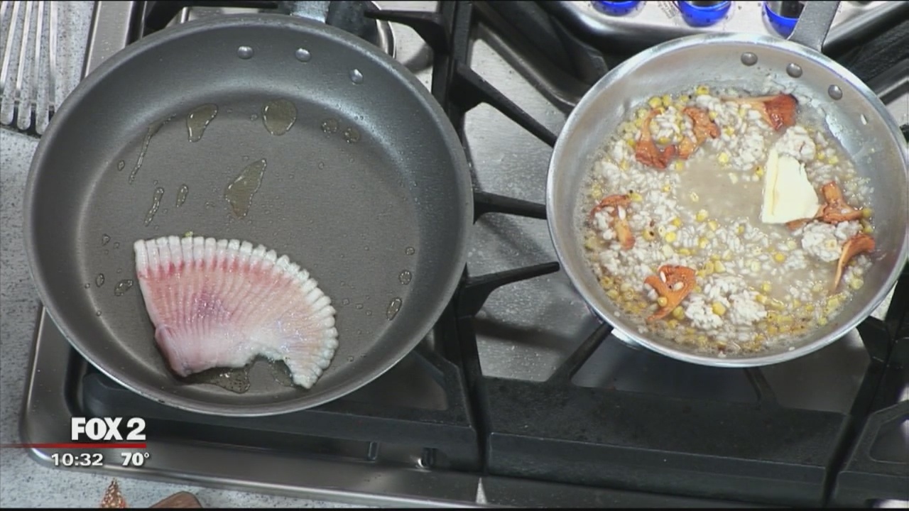 Chapman House chef parepares skate with corn and chanterelle risotto