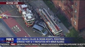 Fire trucks collide injuring pedestrian, firefighters