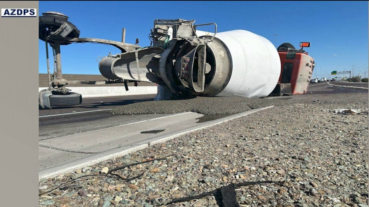 Cement mixer flips on Arizona highway, spilling diesel, wet cement