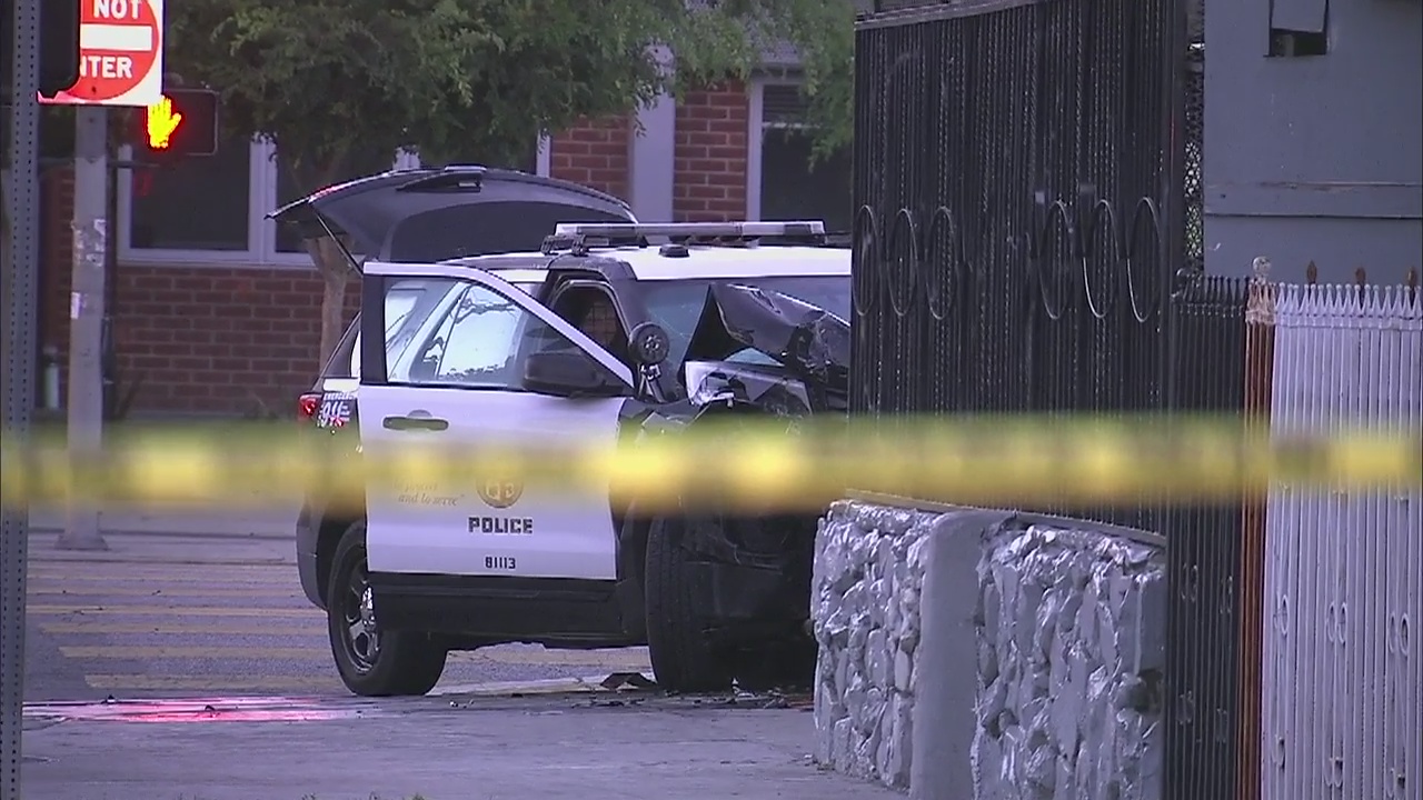 Pursuits of 2 stolen LAPD cruisers end in crashes in South LA