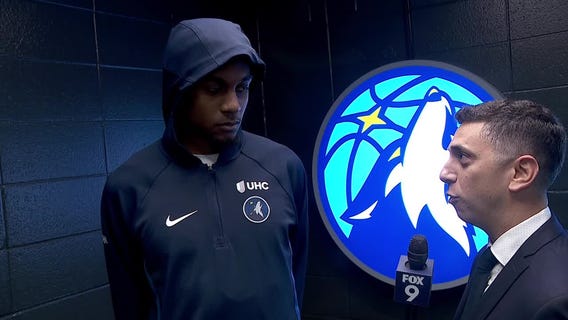 Jaden McDaniels reacts after Wolves beat Mavericks, 120-96