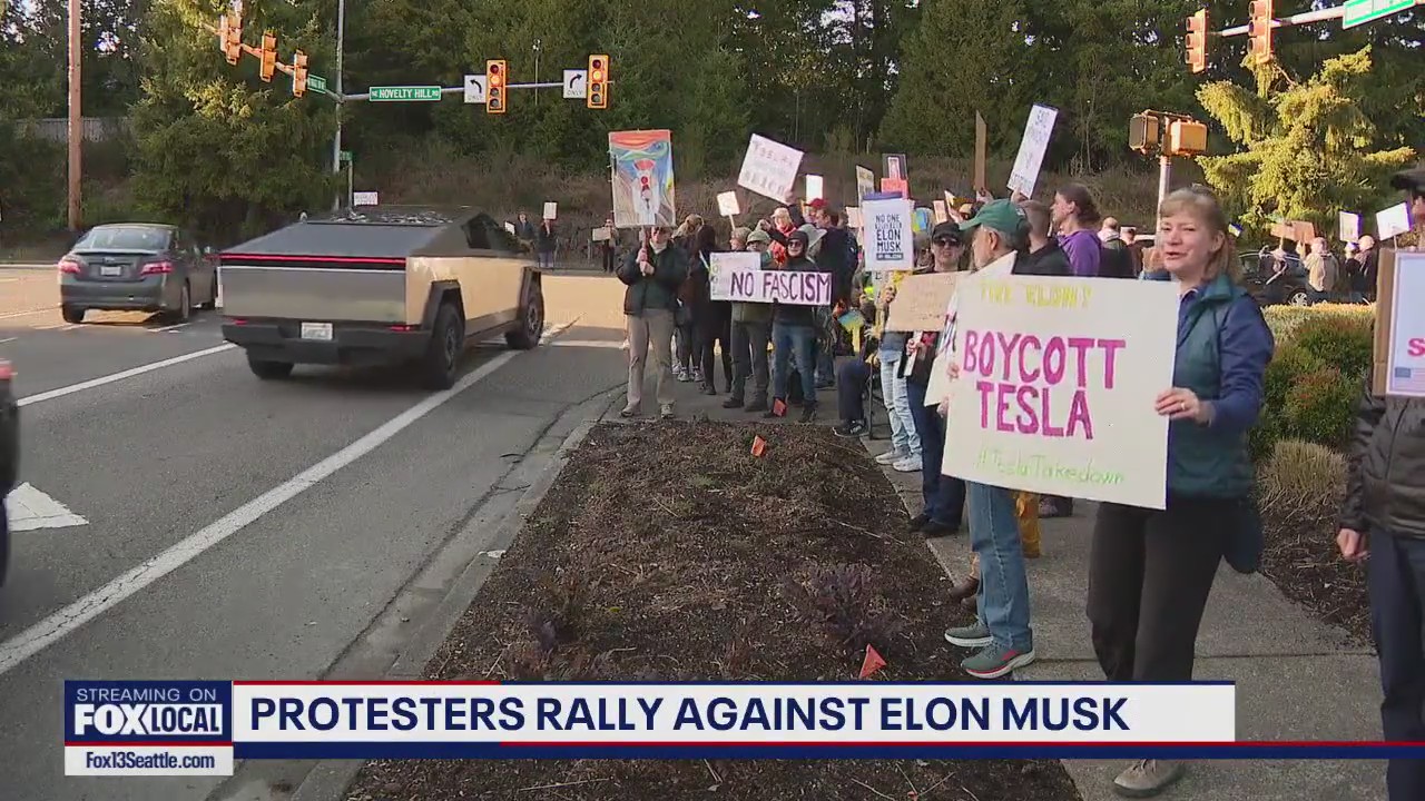 Protesters rally against Elon Musk in Redmond