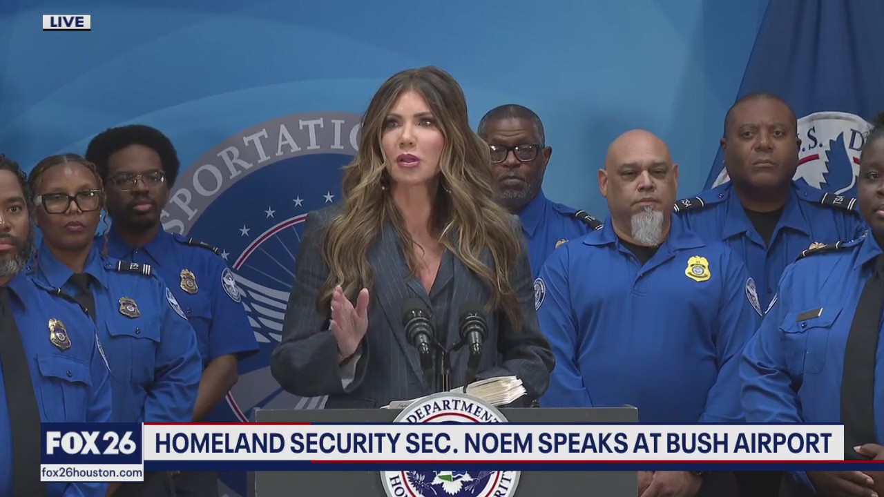 Homeland Security Sec. Noem hands out bonus checks to TSA officers at Houston airport